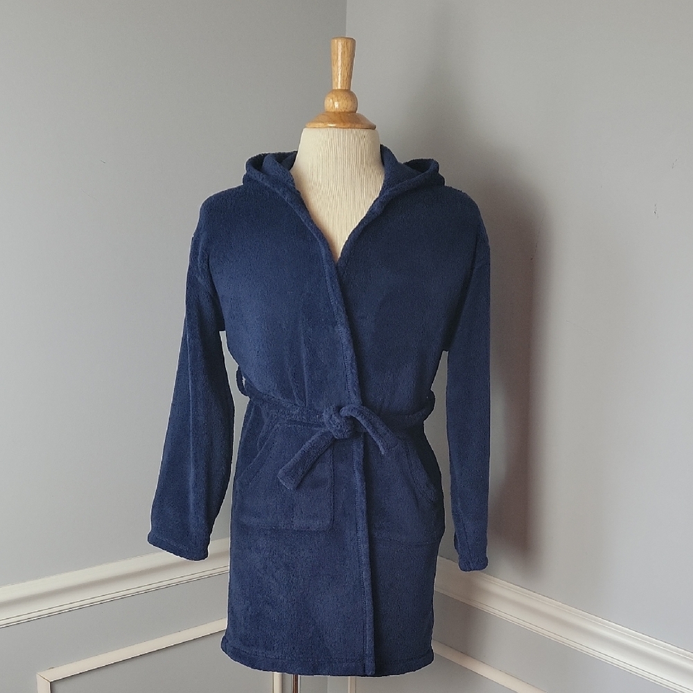 GAP Kids Boy's Navy Blue Plush Hooded Tie Waist Loungewear Bath Robe Sz 10